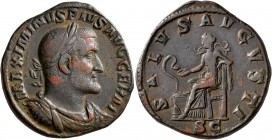 Maximinus I, 235-238. Sestertius (Orichalcum, 31 mm, 21.52 g, 12 h), Rome, 236-238. MAXIMINVS PIVS AVG GERM Laureate, draped and cuirassed bust of Max...