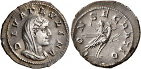 Diva Paulina, died before 235. Denarius (Silver, 20 mm, 3.35 g, 6 h), Rome. DIVA PAVLINA Veiled and draped bust of Diva Paulina to right. Rev. CONSECR...