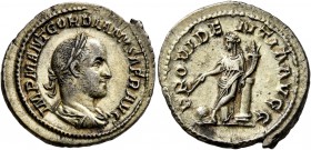 Gordian II, 238. Denarius (Silver, 21 mm, 3.46 g, 6 h), Rome, March-April 238. IMP M ANT GORDIANVS AFR AVG Laureate, draped and cuirassed bust of Gord...