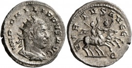 Philip I, 244-249. Antoninianus (Silver, 21 mm, 4.03 g, 11 h), Rome. IMP PHILIPPVS AVG Radiate, draped and cuirassed bust of Philip I to right, seen f...
