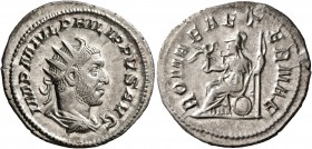 Philip I, 244-249. Antoninianus (Silver, 23 mm, 4.10 g, 12 h), Rome, 244-247. IMP M IVL PHILIPPVS AVG Radiate, draped and cuirassed bust of Philip II ...
