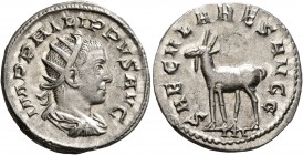 Philip II, 247-249. Antoninianus (Silver, 21 mm, 4.03 g, 7 h), Rome, 248. IMP PHILIPPVS AVG Radiate, draped and cuirassed bust of Philip II to right, ...