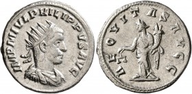 Philip II, 247-249. Antoninianus (Silver, 22 mm, 3.78 g, 6 h), Antiochia. IMP M IVL PHILIPPVS AVG Radiate, draped and cuirassed bust of Philip II to r...