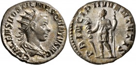 Hostilian, as Caesar, 250-251. Antoninianus (Silver, 20 mm, 3.58 g, 12 h), Rome. C VALENS HOSTIL MES QVINTVS N C Radiate and cuirassed bust of Hostili...