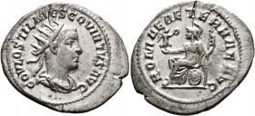 Hostilian, 251. Antoninianus (Silver, 25 mm, 4.48 g, 1 h), Antiochia. C OVAL OSTIL MES COVINTVS AVG Radiate, draped and cuirassed bust of Hostilian to...