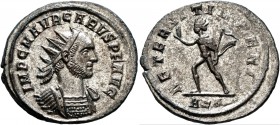 Carus, 282-283. Antoninianus (Silvered bronze, 22 mm, 3.49 g, 6 h), Rome. IMP C M AVR CARVS P F AVG Radiate and cuirassed bust of Carus to right. Rev....