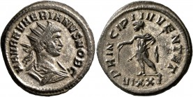 Numerian, as Caesar, 282-283. Antoninianus (Silvered bronze, 23 mm, 4.11 g, 6 h), Ticinum. M AVR NVMERIANVS NOB C Radiate, draped and cuirassed bust o...