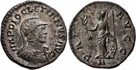 Diocletian, 284-305. Antoninianus (Silvered bronze, 21 mm, 4.22 g, 1 h), Lugdunum, 292. IMP DIOCLETIANVS AVG Radiate, helmeted and cuirassed bust of D...
