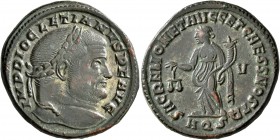 Diocletian, 284-305. Follis (Bronze, 27 mm, 10.45 g, 1 h), Aquileia, 301. IMP DIOCLETIANVS P F AVG Laureate head of Diocletian to right. Rev. SACRA MO...