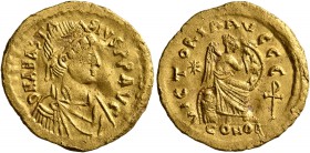 Anastasius I, 491-518. Semissis (Gold, 18 mm, 2.24 g, 6 h), Constantinopolis, circa 507-518. D N ANASTASIVS P P AVG Pearl-diademed, draped and cuirass...