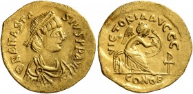 Anastasius I, 491-518. Semissis (Gold, 17 mm, 1.92 g, 6 h), Constantinopolis. D N ANASTASIVS P P AVG Pearl-diademed, draped, and cuirassed bust of Ana...