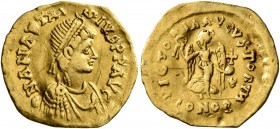 Anastasius I, 491-518. Tremissis (Gold, 15 mm, 1.40 g, 6 h), Constantinopolis. D N ANASTASIVS P P AVG Pearl-diademed, draped, and cuirassed bust of An...