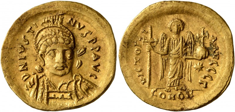 Justin I, 518-527. Solidus (Gold, 20 mm, 4.37 g, 6 h), Constantinopolis. D N IVS...