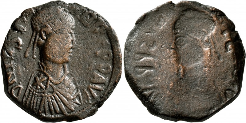 Justin I, 518-527. Follis (Bronze, 30 mm, 17.67 g, 1 h), brockage mint error, un...
