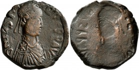 Justin I, 518-527. Follis (Bronze, 30 mm, 17.67 g, 1 h), brockage mint error, uncertain mint. D N IVSTINVS P P AVG Diademed, draped and cuirassed bust...