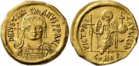 Justinian I, 527-565. Solidus (Gold, 20 mm, 4.44 g, 7 h), Constantinopolis. D N IVSTINIANVS P P AVI Helmeted and cuirassed bust of Justinian facing, h...
