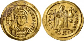Justinian I, 527-565. Solidus (Gold, 22 mm, 4.37 g, 7 h), a contemporary imitation, irregular mint. D N IVSTINIANVS P P AVI Helmeted and cuirassed bus...