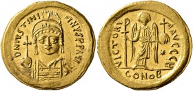 Justinian I, 527-565. Solidus (Gold, 21 mm, 4.50 g, 6 h), Constantinopolis. D N IVSTINIANVS P P AVI Helmeted and cuirassed bust of Justinian facing, h...
