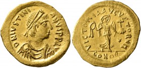 Justinian I, 527-565. Tremissis (Gold, 15 mm, 1.48 g, 7 h), Constantinopolis. D N IVSTINIANVS P P AVG Diademed, draped and cuirassed bust of Justinian...
