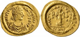 Justinian I, 527-565. Tremissis (Gold, 18 mm, 1.48 g, 6 h), Constantinopolis. D N IVSTINIANVS P P AVG Diademed, draped and cuirassed bust of Justinian...