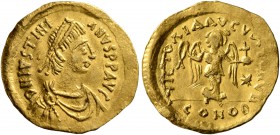 Justinian I, 527-565. Solidus (Gold, 16 mm, 1.48 g, 7 h), Constantinopolis. D N IVSTINIANVS P P AVG Diademed, draped and cuirassed bust of Justinian t...