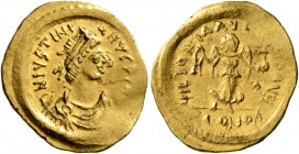 Justinian I, 527-565. Tremissis (Gold, 15 mm, 1.51 g, 6 h), Constantinopolis. D N IVSTINIANVS P P [AVG] Diademed, draped and cuirassed bust of Justini...