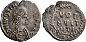 Justinian I, 527-565. 1/2 Siliqua (Silver, 15 mm, 1.27 g, 1 h), Carthage, 534/7-552. D N IVSTINIANVS P P AG Diademed, draped and cuirassed bust of Jus...