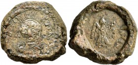 Justin II, 565-578. Seal (Lead, 25 mm, 25.96 g, 12 h). D N IVSTIN Helmeted and cuirassed bust of Justin II facing. Rev. Victory standing front, head t...