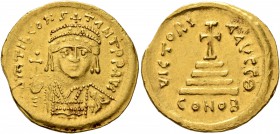 Tiberius II Constantine, 578-582. Solidus (Gold, 20 mm, 4.37 g, 6 h), Constantinopolis. δ m TIb CONSTANT P P AVI Draped and cuirassed bust of Tiberius...