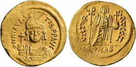 Maurice Tiberius, 582-602. Solidus (Gold, 21 mm, 4.48 g, 7 h), Constantinopolis. O N mAVRC TIb P P AVG Draped and cuirassed bust of Maurice Tiberius f...