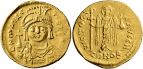 Maurice Tiberius, 582-602. Solidus (Gold, 21 mm, 4.50 g, 7 h), Constantinopolis. D N mAVRC TIb P P AVI Draped and cuirassed bust of Maurice Tiberius f...
