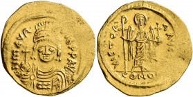 Maurice Tiberius, 582-602. Solidus (Gold, 21 mm, 4.40 g, 7 h), Constantinopolis. O N mAVRC TIb P P AV Draped and cuirassed bust of Maurice Tiberius fa...