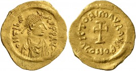 Maurice Tiberius, 582-602. Tremissis (Gold, 17 mm, 1.47 g, 6 h), Constantinopolis. o N TibERI P P AVG Pearl-diademed, draped and cuirassed bust of Mau...