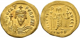 Phocas, 602-610. Solidus (Gold, 22 mm, 4.51 g, 7 h), Constantinopolis, 604-607. O N FOCAS PЄRP AVG Draped and cuirassed bust of Phocas facing, wearing...