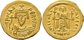 Phocas, 602-610. Solidus (Gold, 21 mm, 4.43 g, 7 h), Constantinopolis, 603-607. O N FOCAS PERP AVI Draped and cuirassed bust of Phocas facing, wearing...