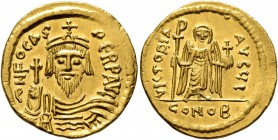 Phocas, 602-610. Solidus (Gold, 20 mm, 4.45 g, 7 h), Constantinopolis, 604-607. d N FOCAS PERP AVI Draped and cuirassed bust of Phocas facing, wearing...