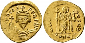 Phocas, 602-610. Solidus (Gold, 21 mm, 4.49 g, 7 h), Constantinopolis, 607-610. [δ] N FOCAS PЄRP AVI Draped and cuirassed bust of Phocas facing, weari...