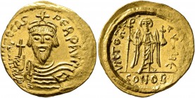 Phocas, 602-610. Solidus (Gold, 22 mm, 4.46 g, 6 h), Constantinopolis, 607-610. ૪ N FOCAS PЄRP AVI Draped and cuirassed bust of Phocas facing, wearing...