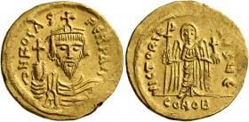 Phocas, 602-610. Solidus (Gold, 21 mm, 4.50 g, 7 h), Constantinopolis, 607-610. d N FOCAS PERP AVI Draped and cuirassed bust of Phocas facing, wearing...