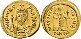 Phocas, 602-610. Solidus (Gold, 20 mm, 4.38 g, 7 h), Constantinopolis, 607-610. d N FOCAS PERP AVI Draped and cuirassed bust of Phocas facing, wearing...