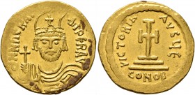 Heraclius, 610-641. Solidus (Gold, 20 mm, 4.49 g, 7 h), Constantinopolis, 610-613. d N N hЄRACLI PER AV Draped and cuirassed bust of Heraclius facing,...