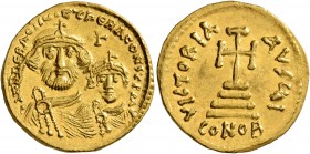 Heraclius, with Heraclius Constantine, 610-641. Solidus (Gold, 20 mm, 4.45 g, 6 h), Constantinopolis, 616-625. δδ NN hERACLIЧS ET hERA CONST PP AV Cro...
