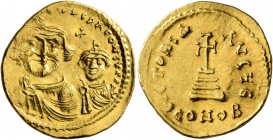 Heraclius, with Heraclius Constantine, 610-641. Solidus (Gold, 20 mm, 4.44 g, 6 h), Constantinopolis, 616-625. [δδ NN hERACLIЧS] ET hERA CONST PP AV C...