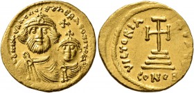 Heraclius, with Heraclius Constantine, 610-641. Solidus (Gold, 20 mm, 4.44 g, 6 h), Constantinopolis. δδ NN hERACLIЧS ET hERA CONST PP AV Crowned, wit...