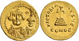 Heraclius, with Heraclius Constantine, 610-641. Solidus (Gold, 20 mm, 4.42 g, 8 h), Constantinopolis, 616-625. δδ NN hERACLIЧS ET hERA CONST PP AV Cro...