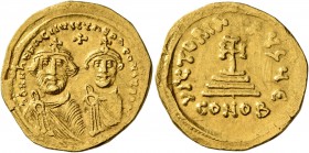 Heraclius, with Heraclius Constantine, 610-641. Solidus (Gold, 21 mm, 4.35 g, 7 h), Constantinopolis, 616-625. δδ NN hERACLIЧS ET hERA CONST PP AV Cro...