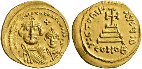 Heraclius, with Heraclius Constantine, 610-641. Solidus (Gold, 21 mm, 4.50 g, 7 h), Constantinopolis. δδ N[N hERAC]LIЧS ET hERA CONST PP AV Crowned, d...