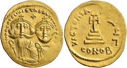 Heraclius, with Heraclius Constantine, 610-641. Solidus (Gold, 22 mm, 4.50 g, 7 h), Constantinopolis. δδ NN hERACLIЧS ET hERA CONST PP [AV] Crowned an...