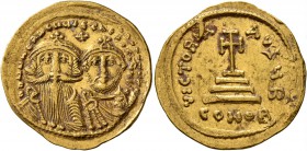 Heraclius, with Heraclius Constantine, 610-641. Solidus (Gold, 22 mm, 4.40 g, 6 h), Constantinopolis, 629-631. δδ NN hERACLIЧS ET hERA CONST PP AV Cro...