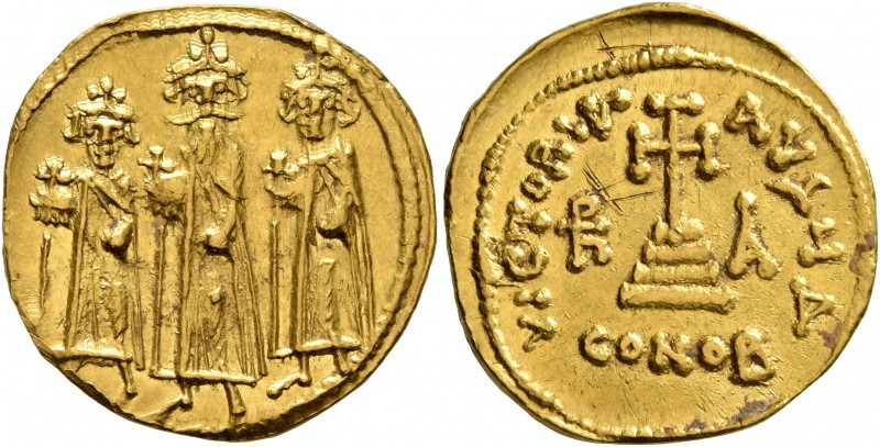 Heraclius, with Heraclius Constantine and Heraclonas, 610-641. Solidus (Gold, 20...